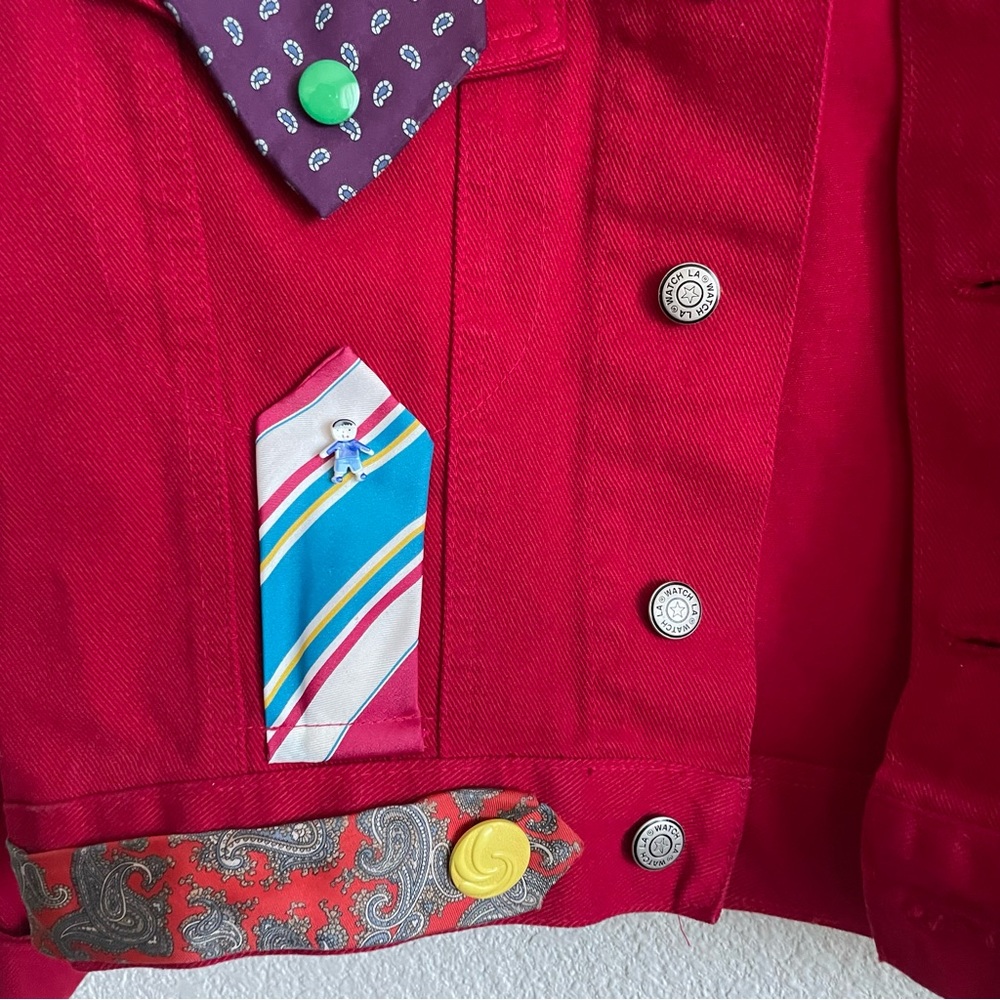 Unique Red Denim Jacket With Ties Patchwork - image 8
